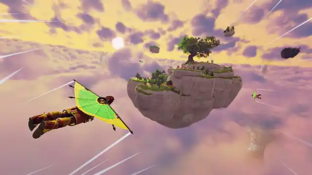 An Aloft player gliding towards a floating island.