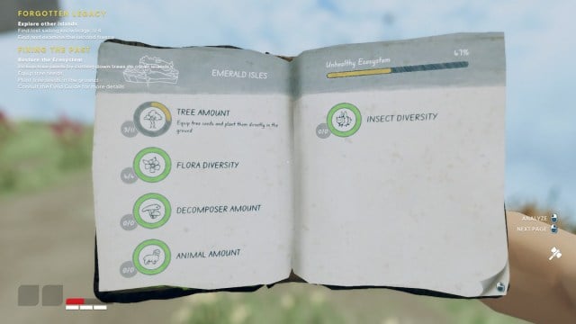 The field guide in Aloft showing an unhealthy ecosystem.