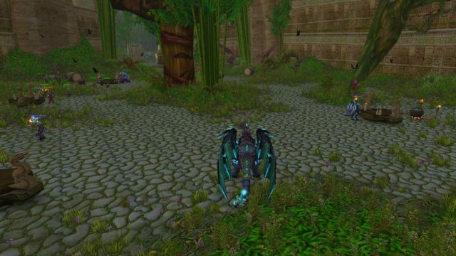 World of Warcraft player in Stranglethorn Vale on the back of a dragon mount.