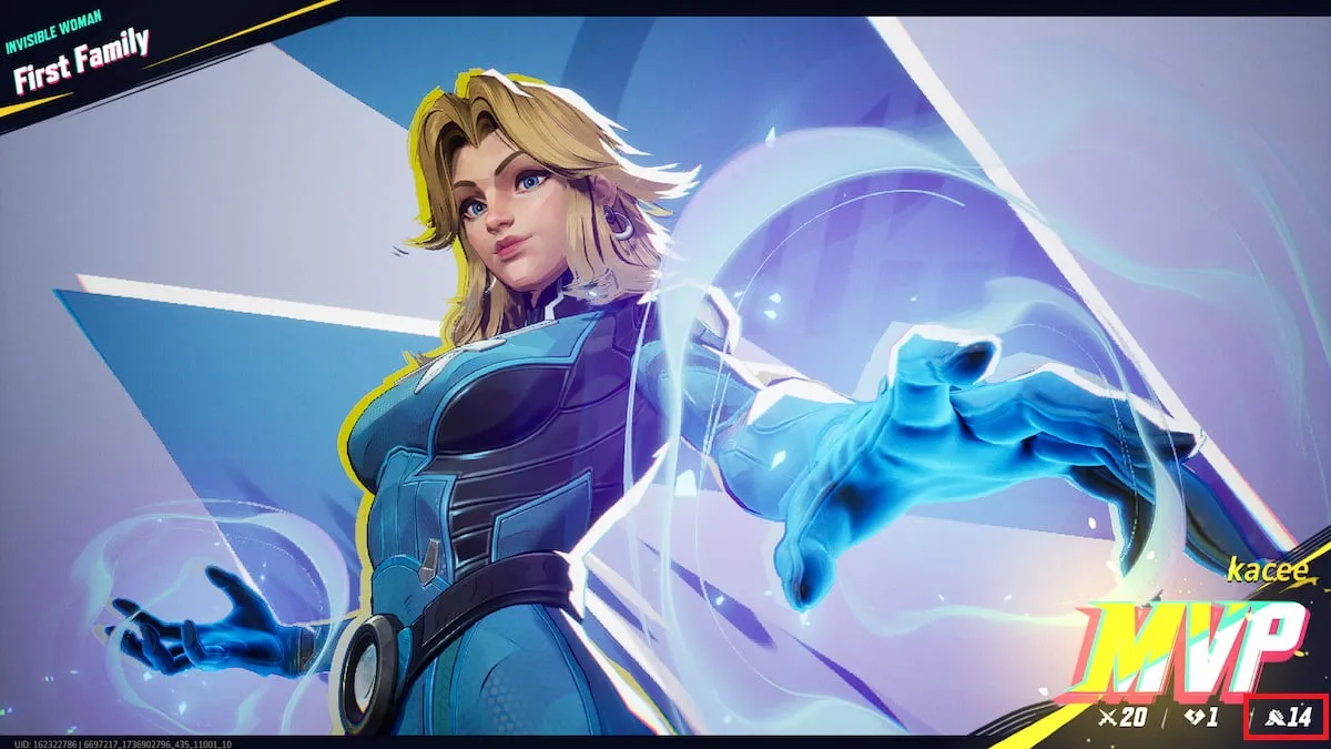 Invisible Woman using her force field powers on the MVP screen with the assist icon marked in Marvel Rivals.