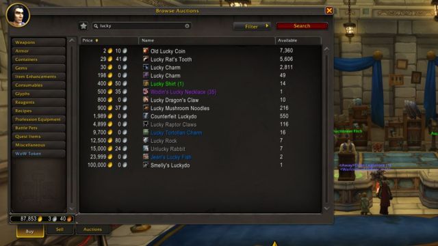 Auction House in World of Warcraft showing Lucky items.