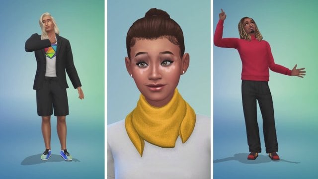 Three Sims wearing new clothes and hairs from the free base game update in The Sims 4.