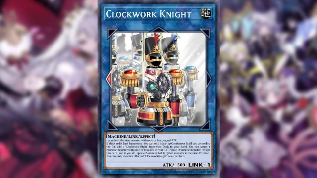 Yugioh card from Supreme Darkness Clockwork Knight Link 1 blue monster with one red arrow