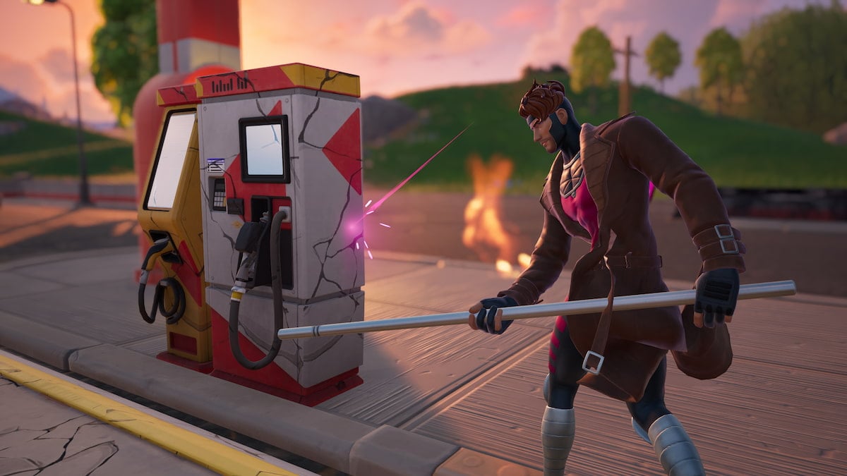 Gambit hitting a fuel pump with his metal staff in Fortnite.