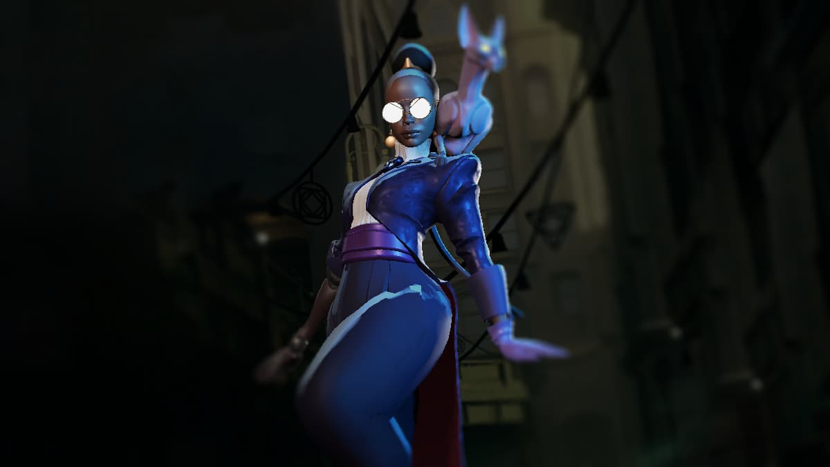 The hero Calico from Deadlock, standing in the middle of a New York alley wearing purple robes and big round white-glowing eyeglasses. A strange cat is sitting on her shoulder.