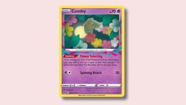 Comfey Pokémon card on a pink background.