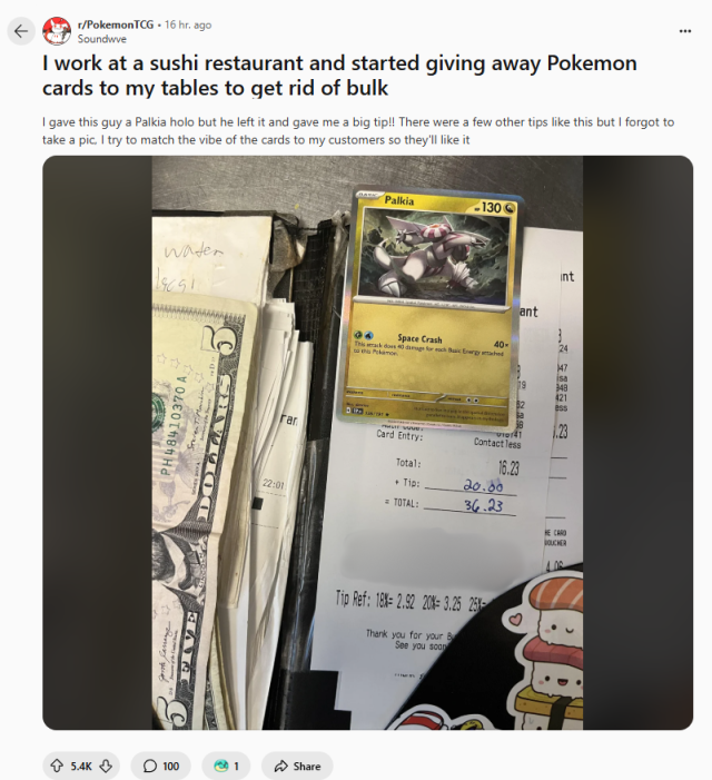 Screenshot of a Reddit post with a Palkia card on top of a receipt, with the Reddit user explaining they give them to their sushi restaurant customers.