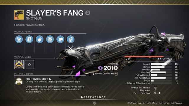 Slayer's Fang god roll in Destiny 2