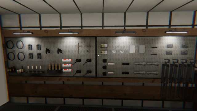 The full collection of equipment for the Detectives Only weekly challenge hanging on a wall in Phasmophobia.