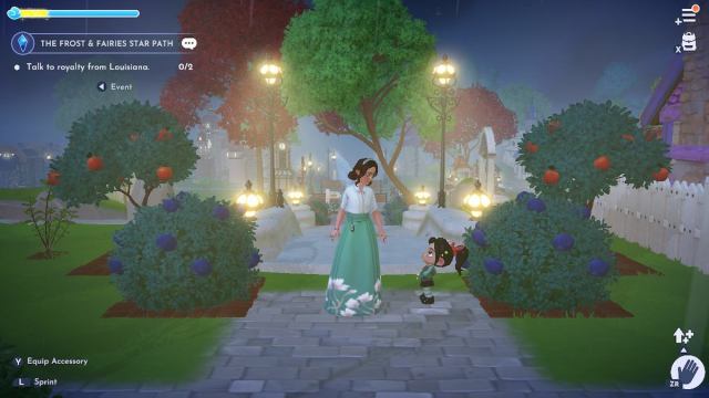 A player standing with Vanellope between two apple trees in DDV.