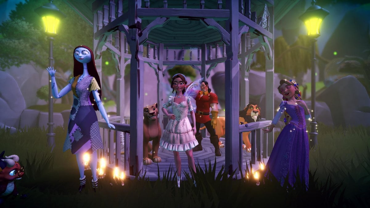 A player wearing a floral dress standing in the middle of a gazebo with some villagers including Sally, Gaston, Scar, Rapunzel, and Nala in Disney Dreamlight Valley.