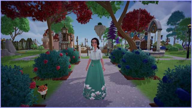 An avatar wearing a teal and white dress standing between two rows of fruit bushes in Disney Dreamlight Valley.