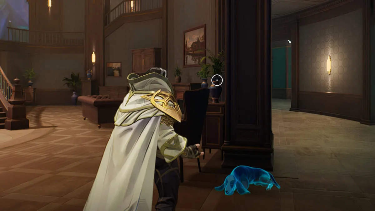 Doctor Strange looking at Bats the Ghost Dog sleeping on the ground in Marvel RIvals.