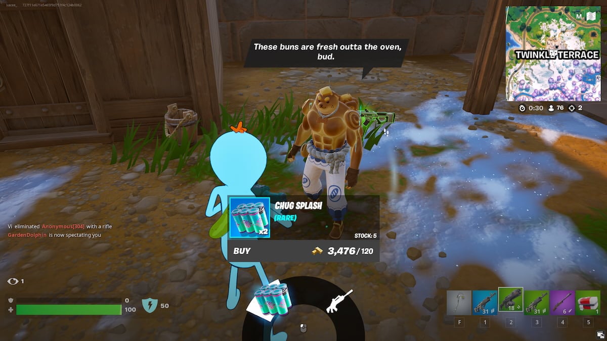 Mr. Meeseeks talking to the Doughberman NPC to buy Chug Splashes in Fortnite.