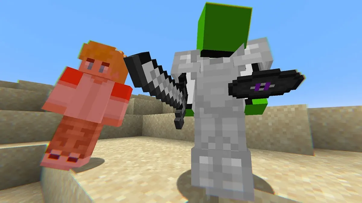 Two Minecraft characters stand next to each other, one wielding a sword.