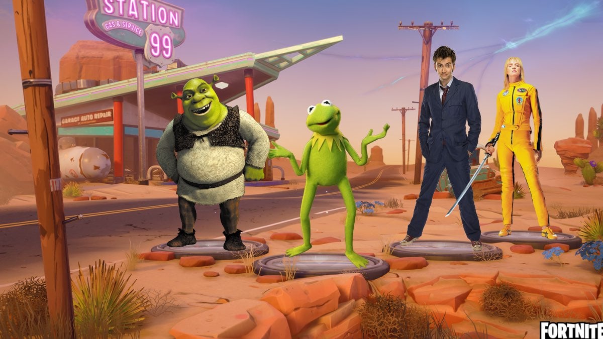 shrek, kermit, the doctor, and the bride from Kill Bill in a fortnite lobby