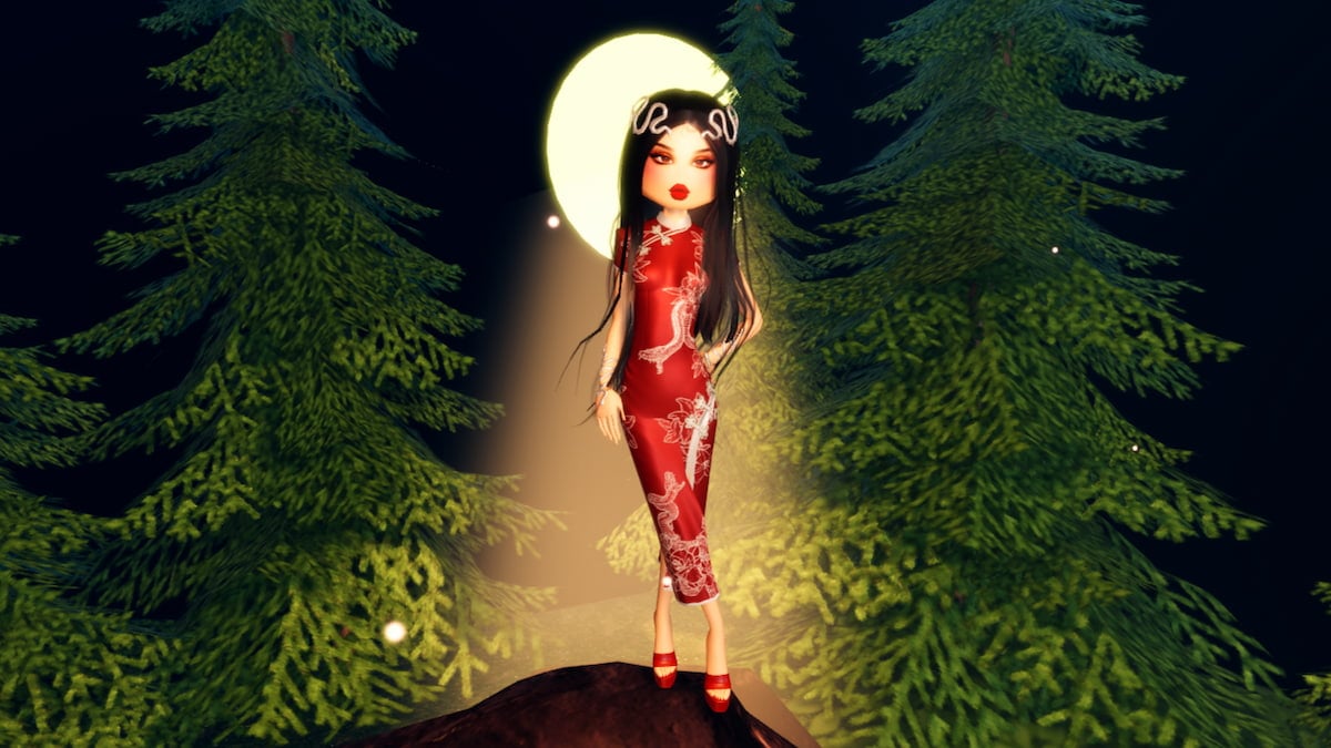 A player wearing the Lunar New Year red dress and silver snake jewelry standing under the moonlight in a forest in Dress to Impress.