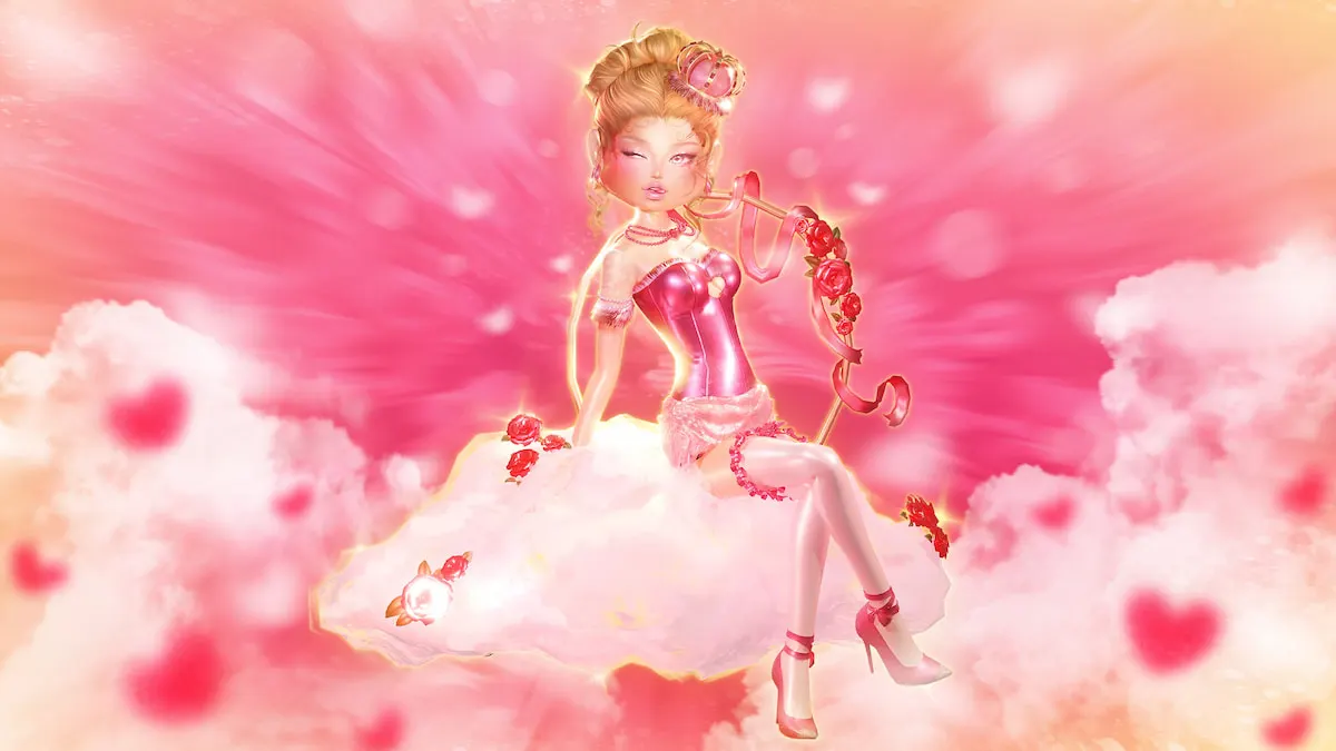 A character wearing all pink sitting on a floating cloud in Dress to Impress.