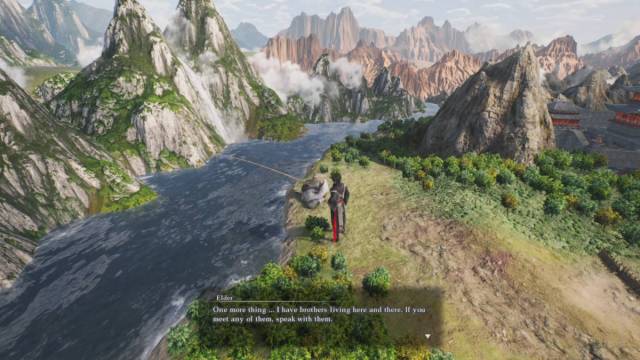 The nameless protagonist is standing next to one of the Dynasty Warriors Origins Elders, who is currently fishing.