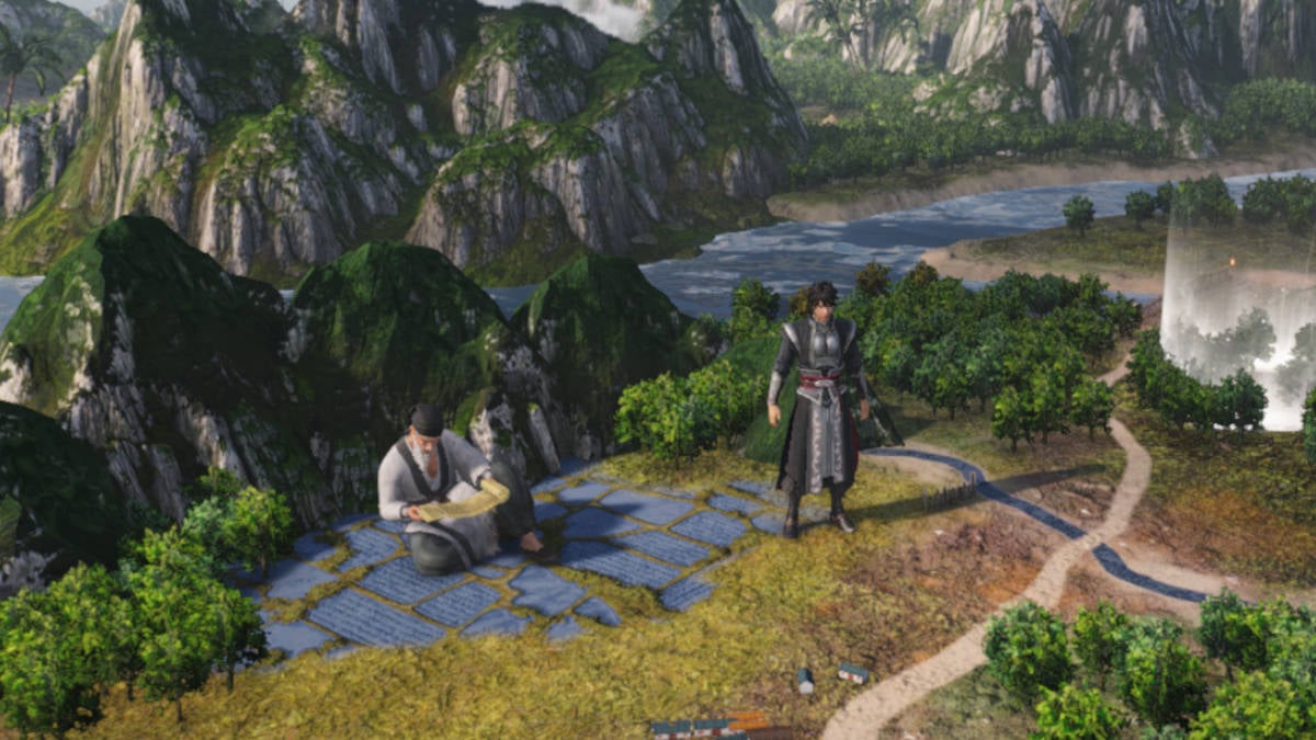 One of the Dynasty Warriors Origins Elders sat in a field near some mountains.