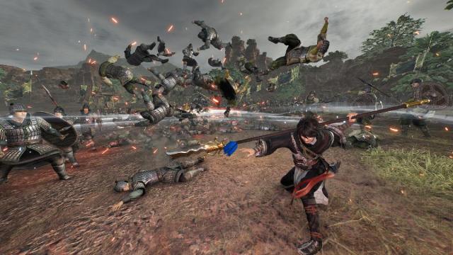 Character slashing away soldiers with lance in Dynasty Warriors Origins