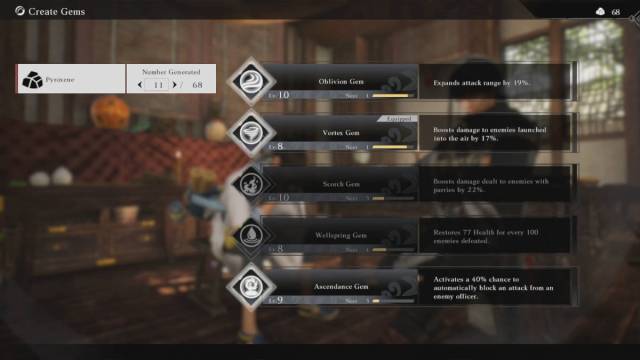 An image of the gem menu in dynasty warriors origins