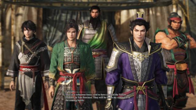 Dynasty Warriors Origins review: the Nameless protagonist is standing next to Liu Bei, Guan Yu, and Zhang Fei, as Cao Cao introduces them to his friends.