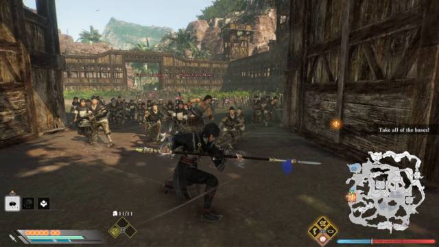 Dynasty Warriors Origins review: the Nameless protagonist is charging a spear attack as an entire base of enemies approaches.