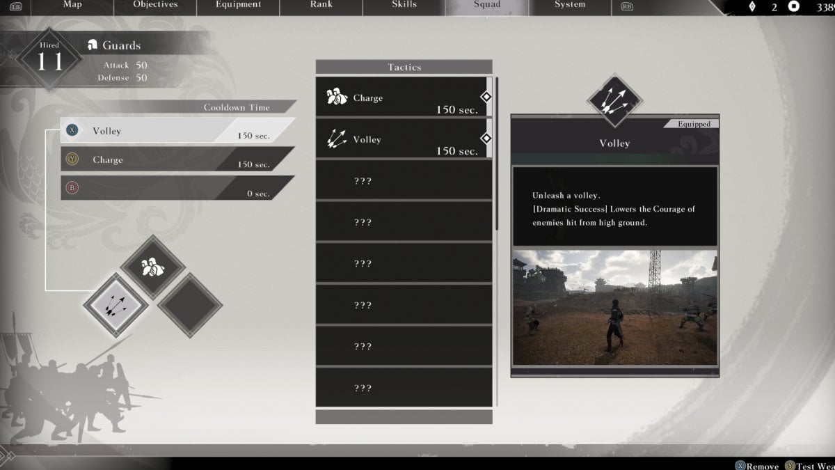 A menu listing a player's currently unlocked Tactics in Dynasty Warriors Origins.