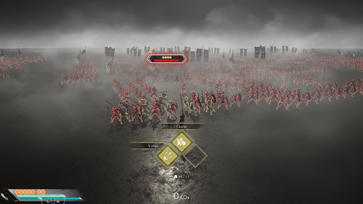 A tactics menu in Dynasty Warriors Origins featuring a large army carrying banners.