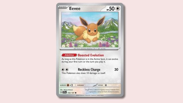 Eevee Pokémon card on a pink background.