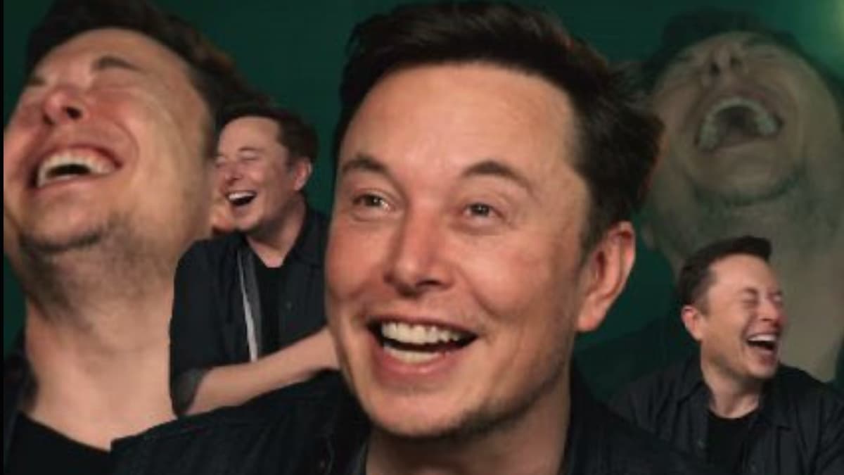 Multiple images of the billionaire Elon Musk laughing.