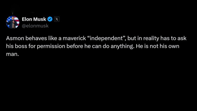 A tweet by American entrepreneur Elon Musk on his platform, X, labeling the streamer Asmongold as being controlled by his editors.