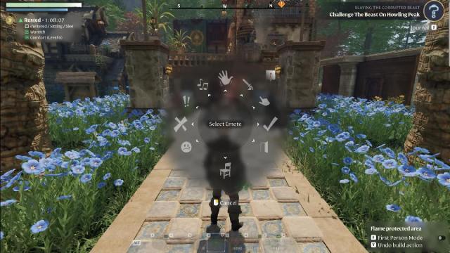 Enshrouded character standing with emote wheel open select a emote