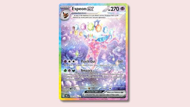 Espeon ex Pokémon card on a plain pink background.