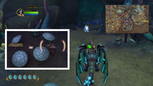 Small note surrounded by mushrooms in a cave in World of Warcraft indicated by a map and marker with dragon mount.