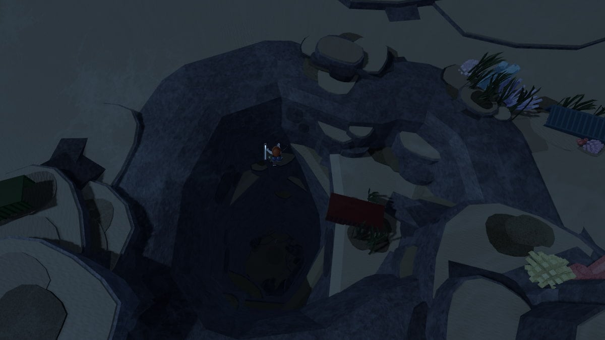 A roblox player diving into an underwater cave.