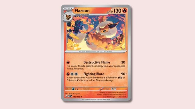 Flareon Pokémon card on a pink background.