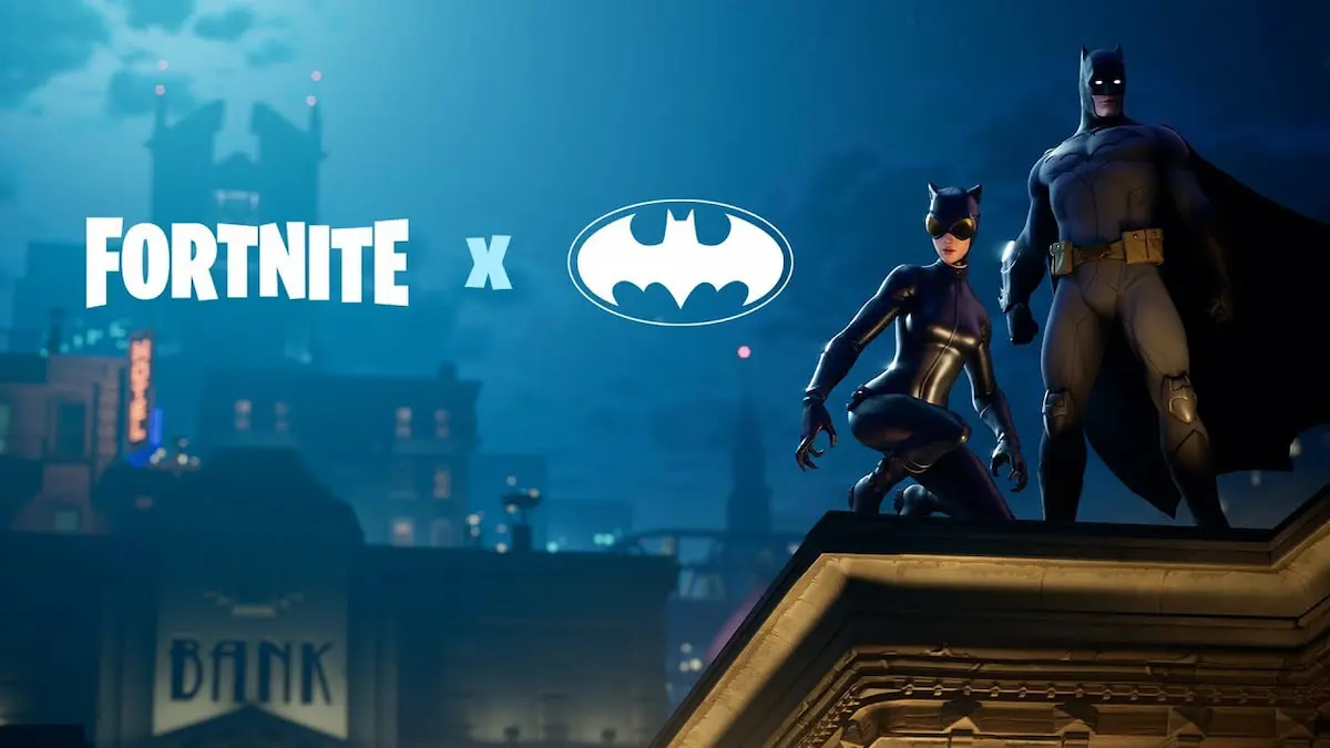 Batman and Catwoman standing on a building in Fortnite.