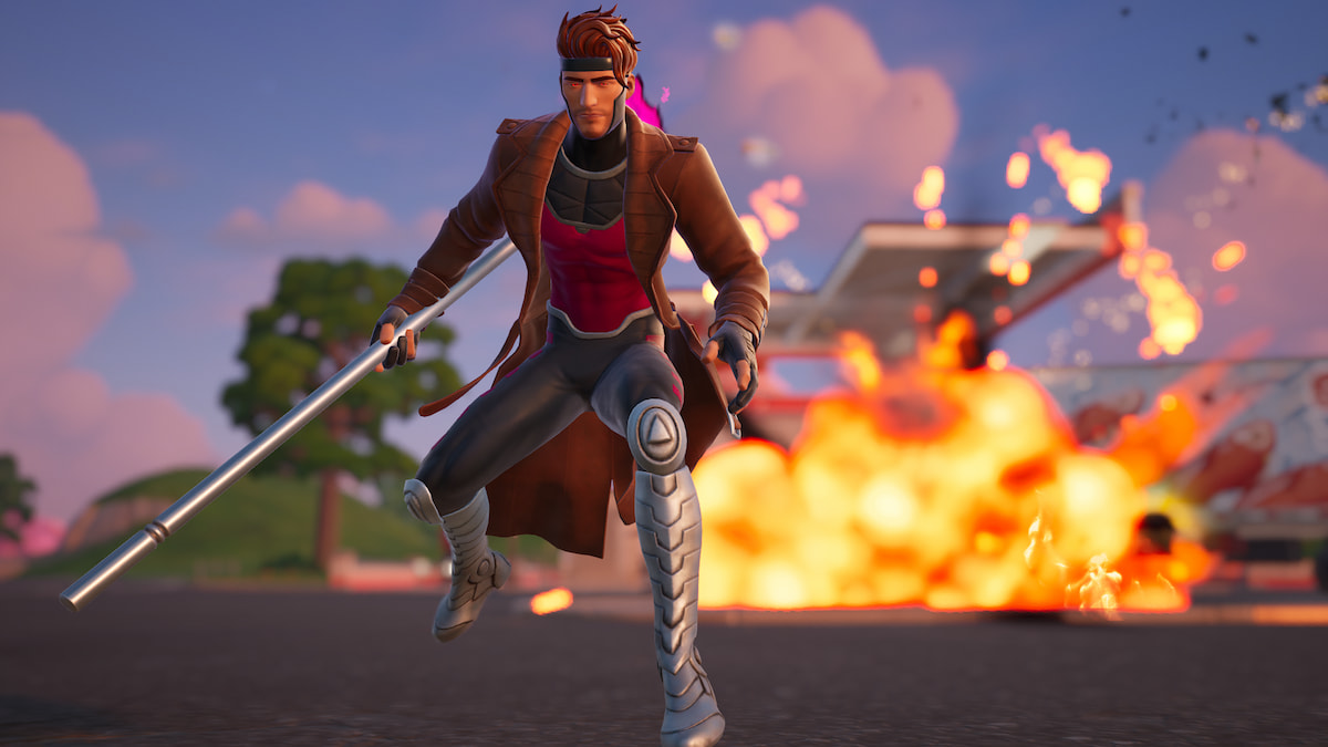 Gambit running from an explosion in Fortnite.