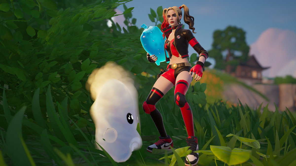 Harley Quinn standing holding a Water Sprite next to an Air Sprite in Fortnite.