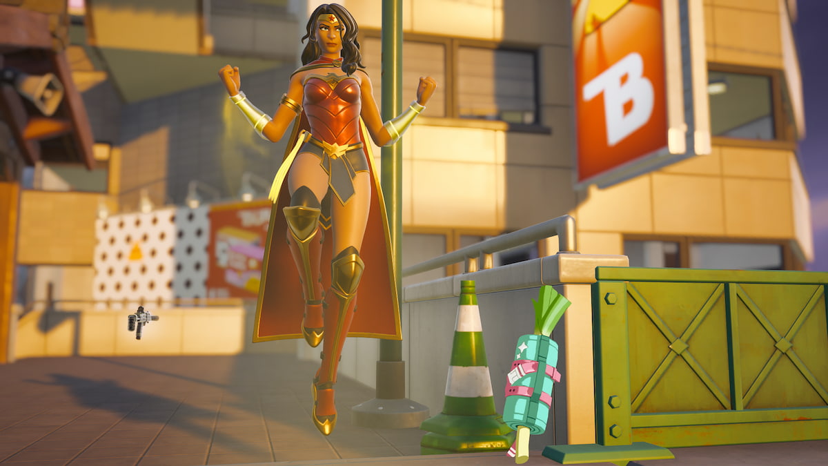 Wonder Woman flying by Hatsune Miku's backpack on the ground in Fortnite.