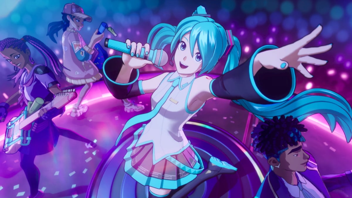 Hatsune Miku singing on a stage in Fortnite.