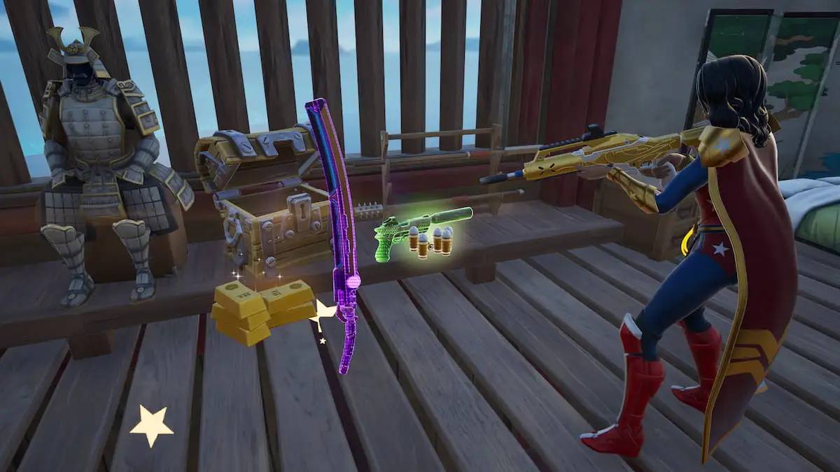 Wonder Woman looking at a Kinetic Blade on the ground by a chest in Fortnite.