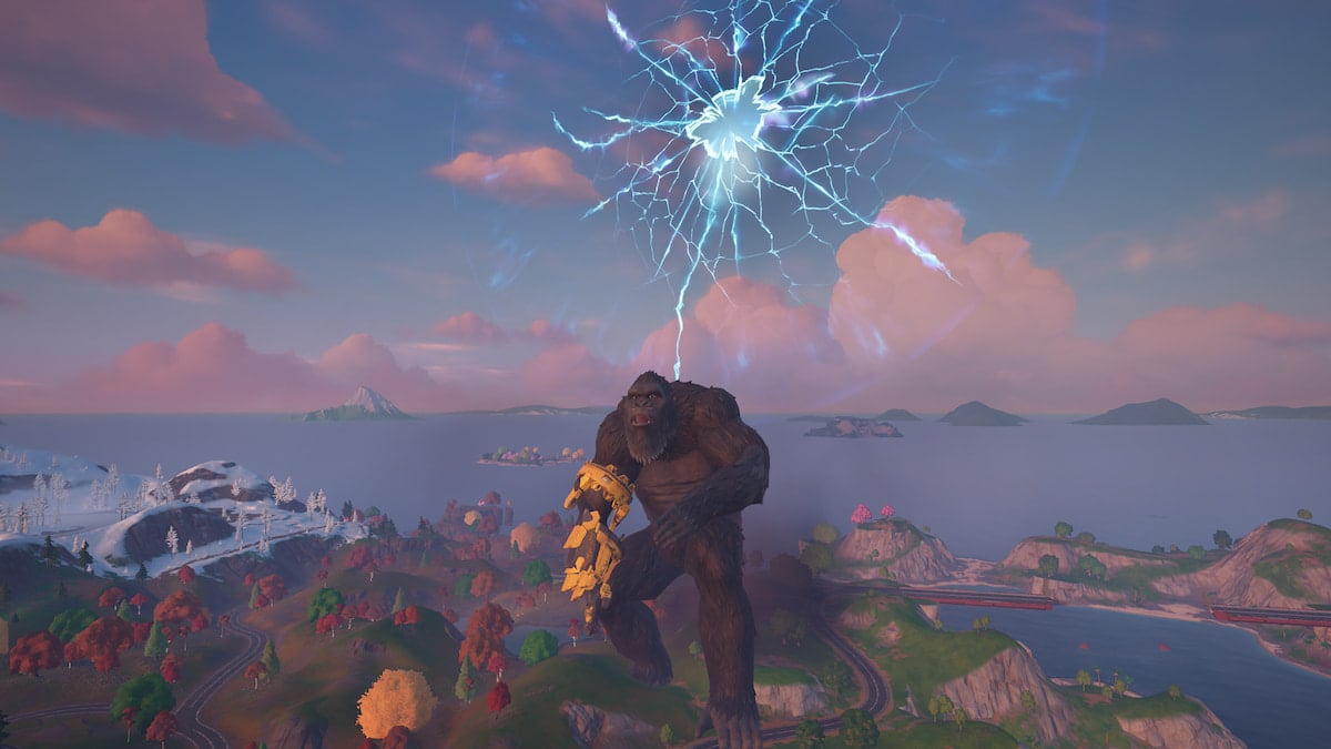 King Kong standing on the Fortnite island after arriving out of a portal in the sky in Fortnite.