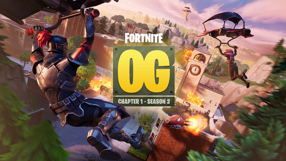 The Fortnite OG Chapter One, season two key art with a knight character and a cuddle bear character gliding down toward Tilted Towers.