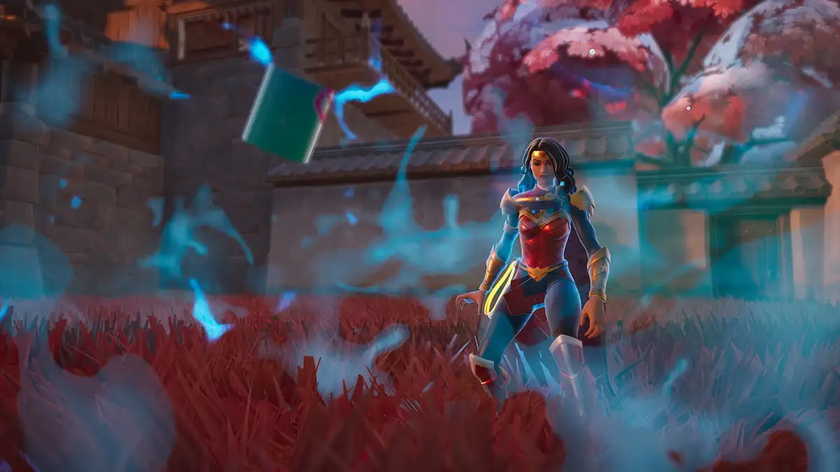 Wonder Woman standing with her eyes closed while a Chug Splash exploded around her and restores her shields in Fortnite.