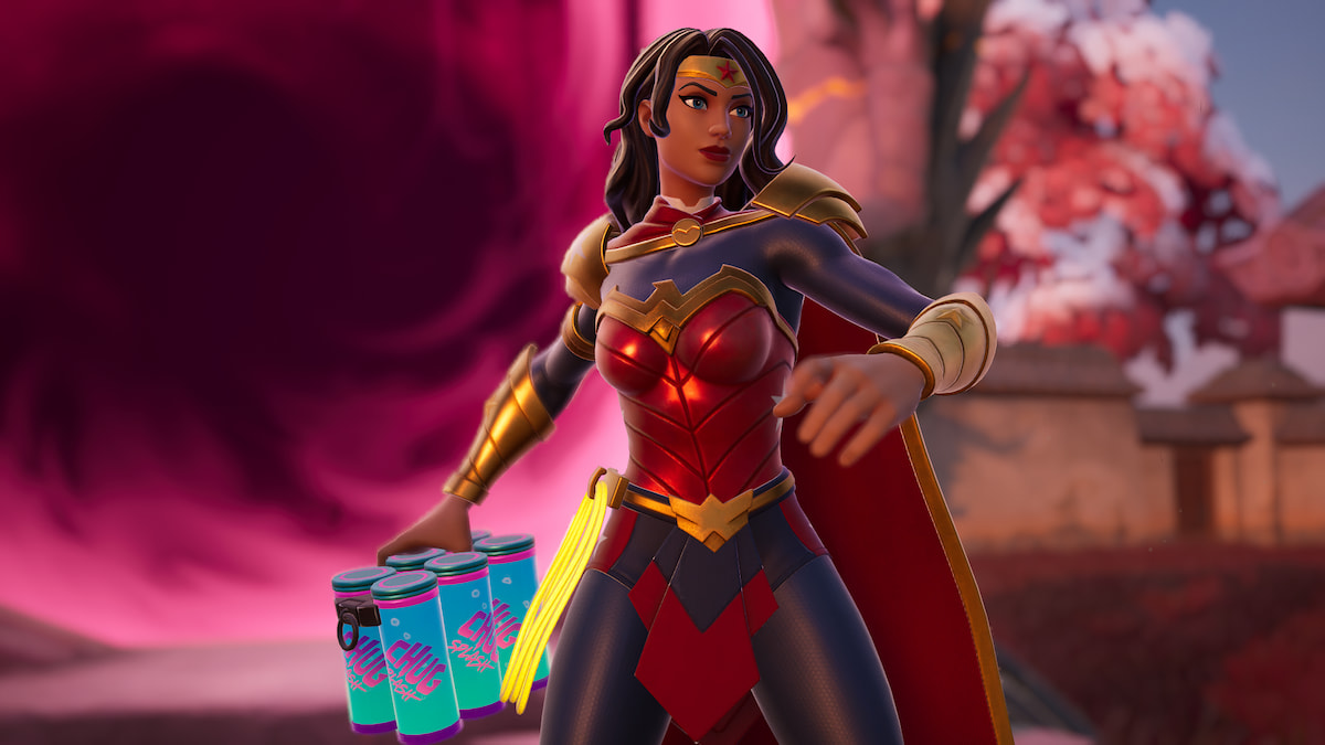 Wonder Woman standing in front of a swirling pink portal looking off to the right while holding and preparing to throw a Chug Splash in Fortnite.