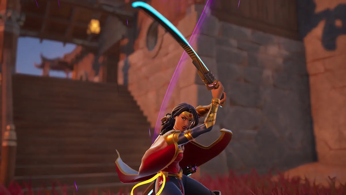 Wonder Woman slicing upwards with a Kinetic Blade in Fortnite.