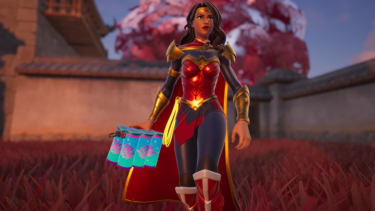 Wonder Woman walking forward with an angry expression while carrying a Chug Splash in Fortnite.